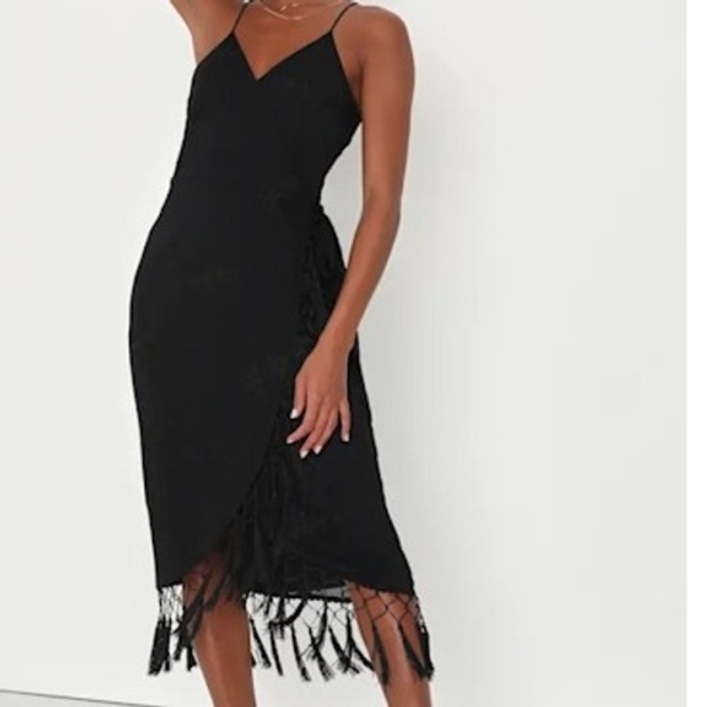 Lulus Fun Affair Black Floral Embroidered Tassel Wrap Midi‎ Dress  S